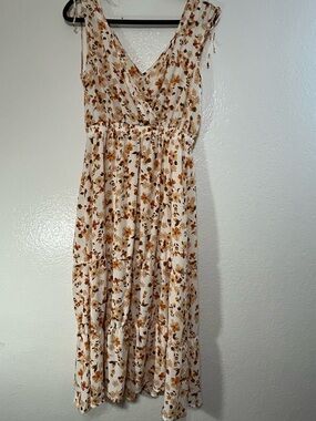 Sienna Sky Ivory Brown Floral Chiffon Midi Dress V-Neck Sleeveless Lined M